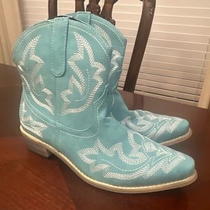 Turquoise Boots with stitching, leather and never worn